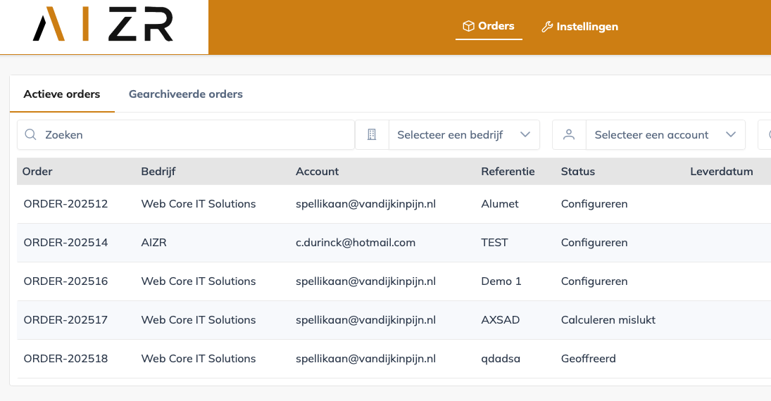 Actieve orders in AIZR
