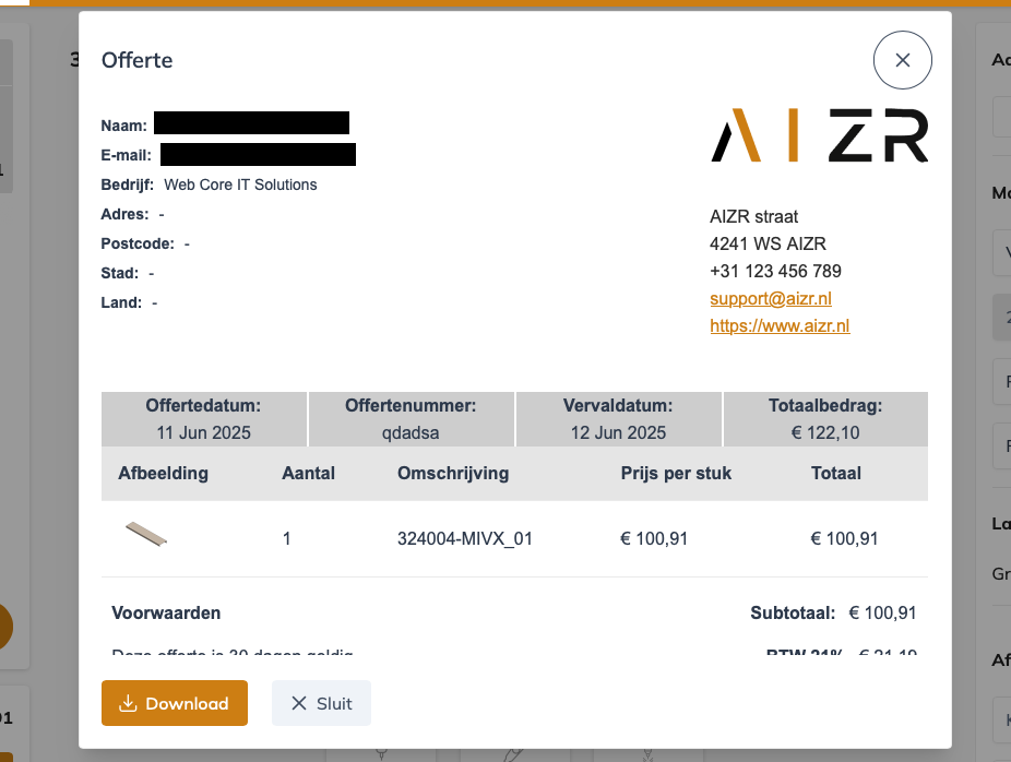Offerte opmaak in AIZR
